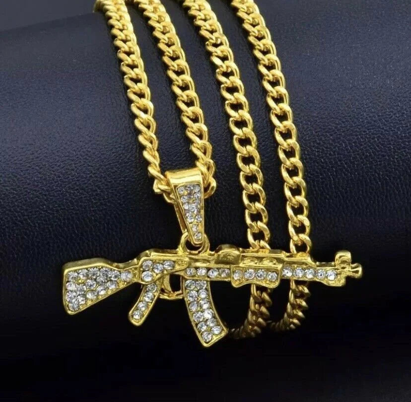 Bling Gold Ak47 Machine Gun Pistol Rifle Chain Pendant Diamond Bling