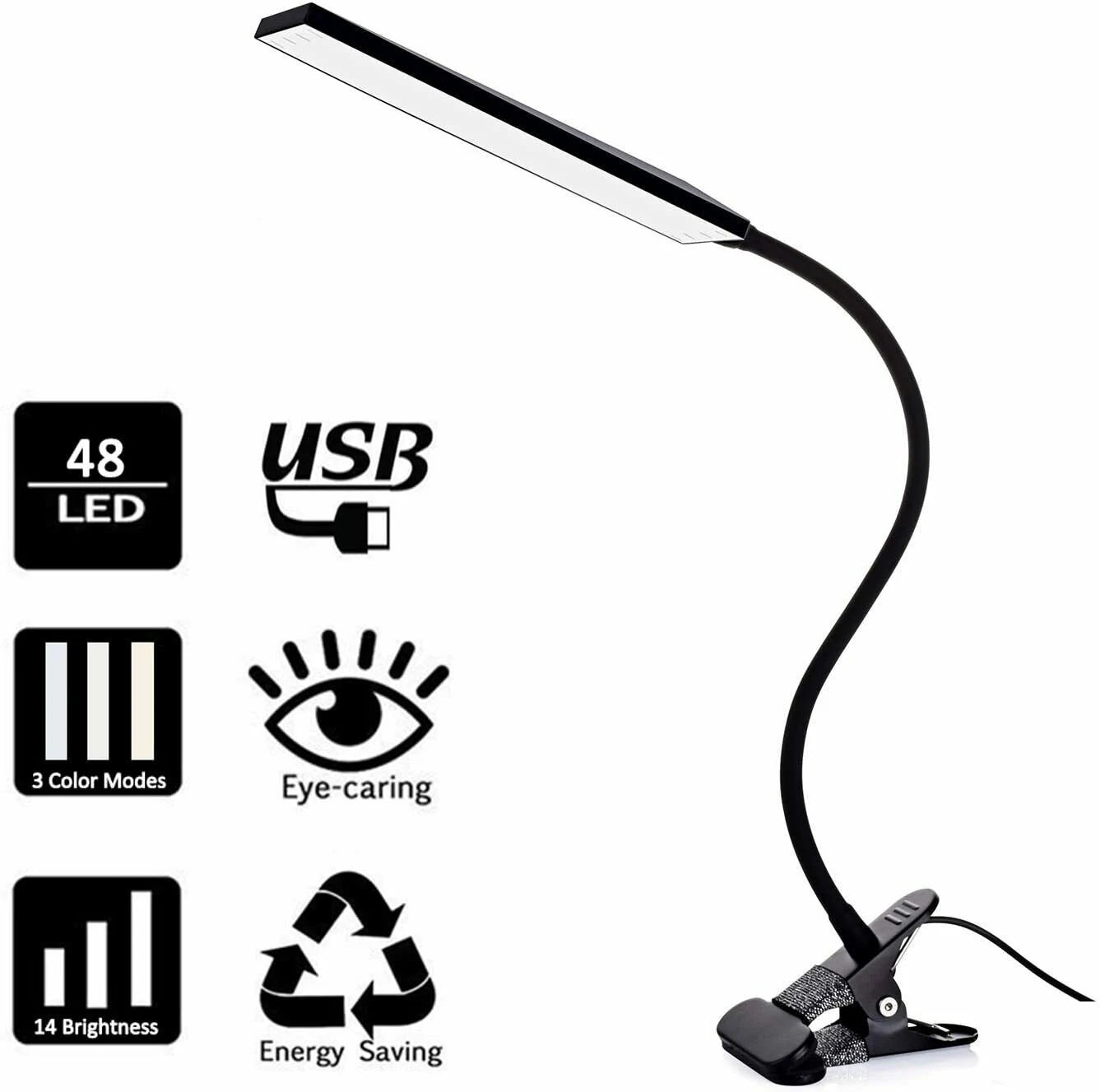 USB Clip On Flexible Desk Lamp Dimmable Memory Bed Read Table Study Light 48 LED