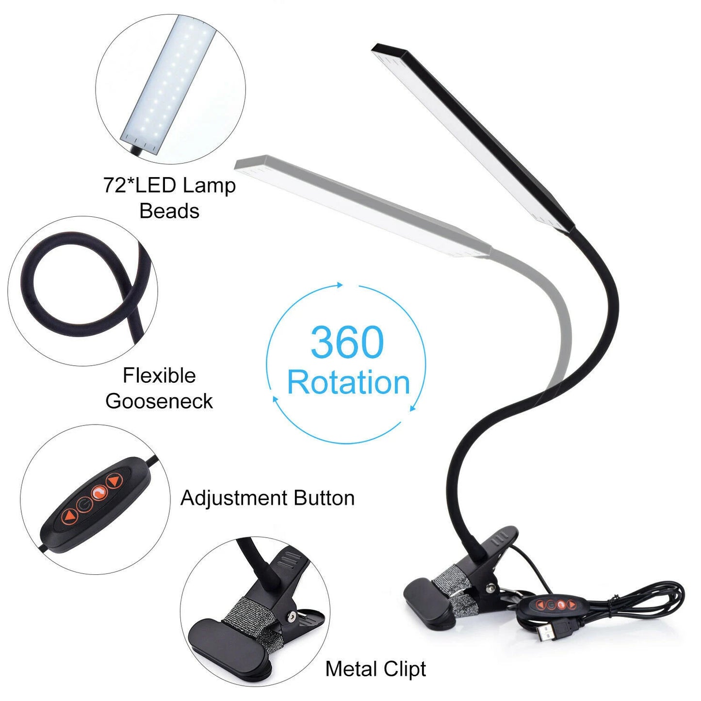 USB Clip On Flexible Desk Lamp Dimmable Memory Bed Read Table Study Light 48 LED