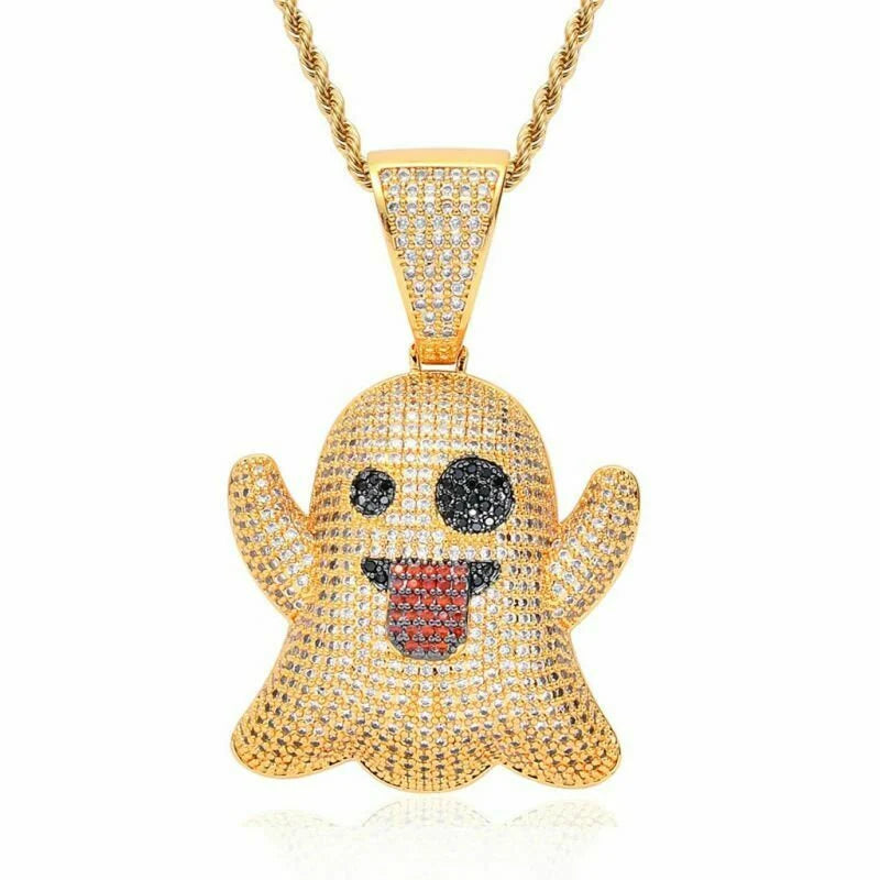 Iced Out Snapchat Ghost Pendant Chain Gold Necklace Jewellery