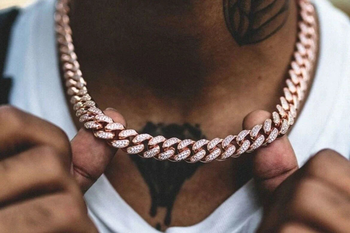 18” Iced Out Rose Gold Cuban Link Chain Necklace Choker 12mm Mens Women
