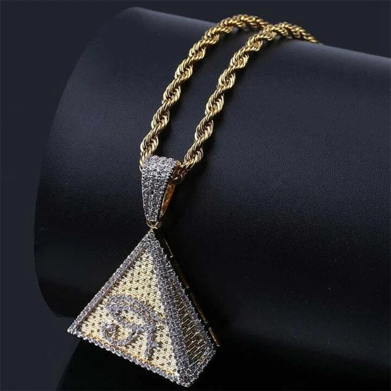 Iced Out Illuminati Pyramid Pendant Diamond Gold 14k Bling Chain