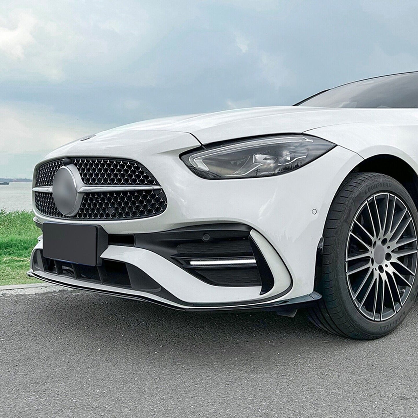 Black Front Bumper Spoiler Lip Kit For Benz C Class W206 C200 C43 AMG 2022-2024