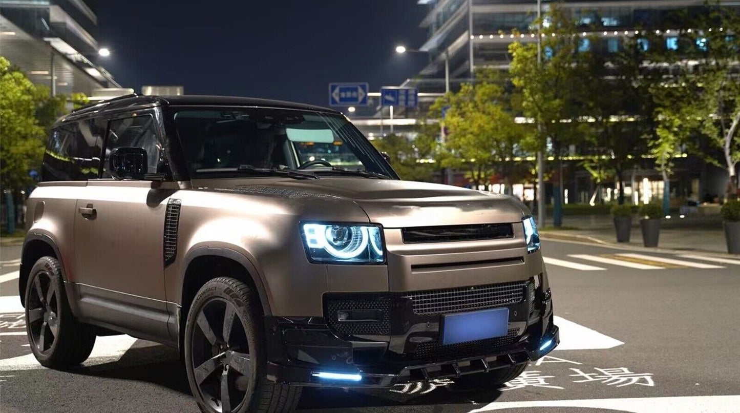 1Set Front Bumper Spoiler Lip With Light For Land Rover Defender 2020-2024 Black