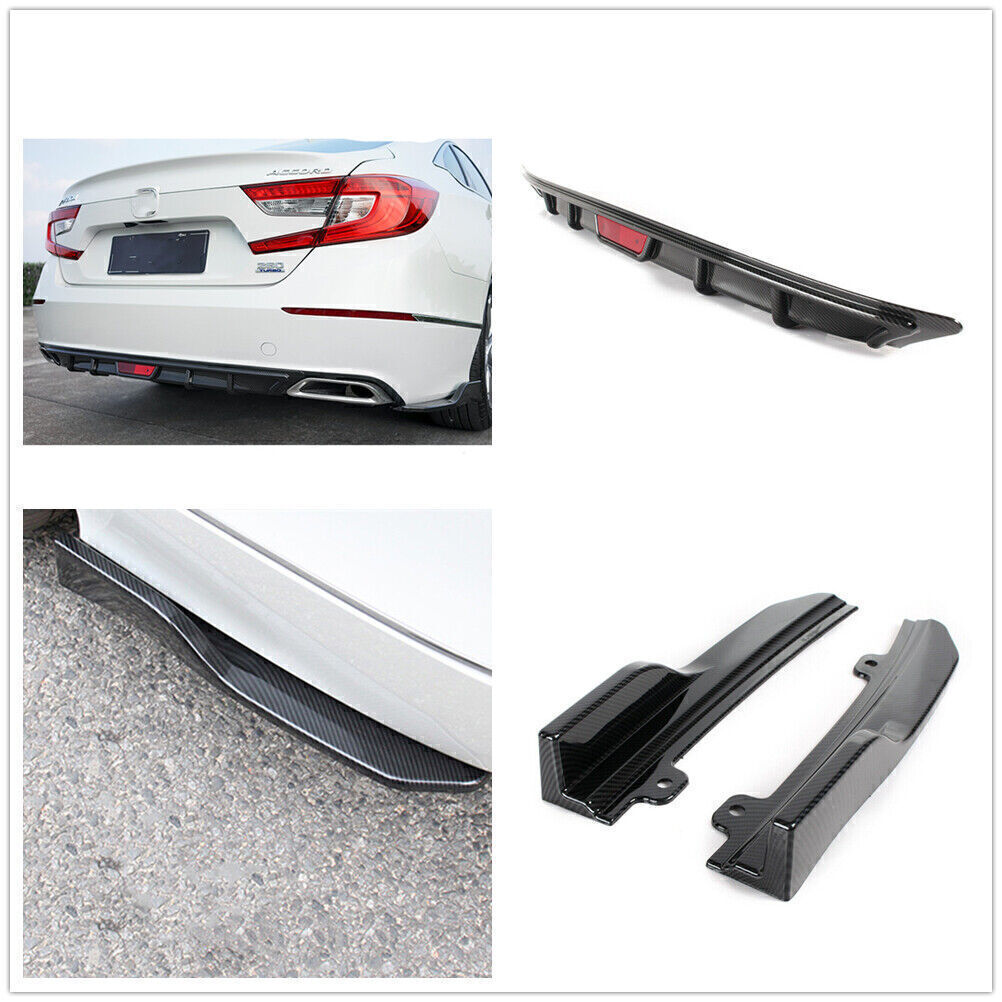 1Set Blk Rear Bumper Lip & Side Wing Kit For Honda Accord 10th 2018 Carbon Fiber