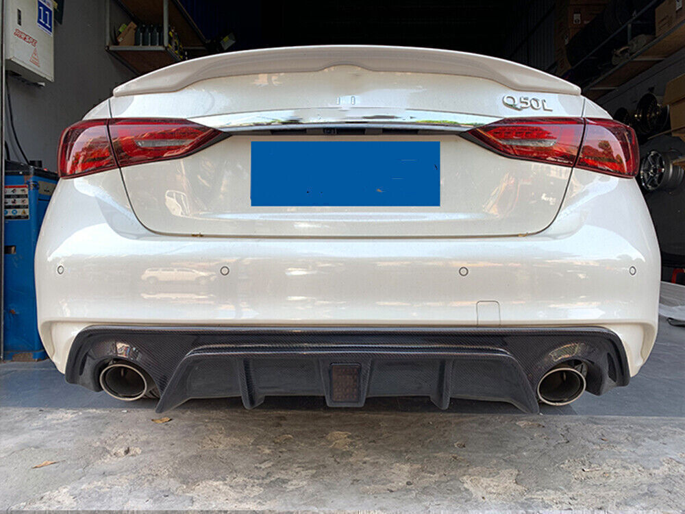 Car Rear Bumper Diffuser Lip W/LED For Infiniti Q50 2014-2017 Carbon Fiber Black