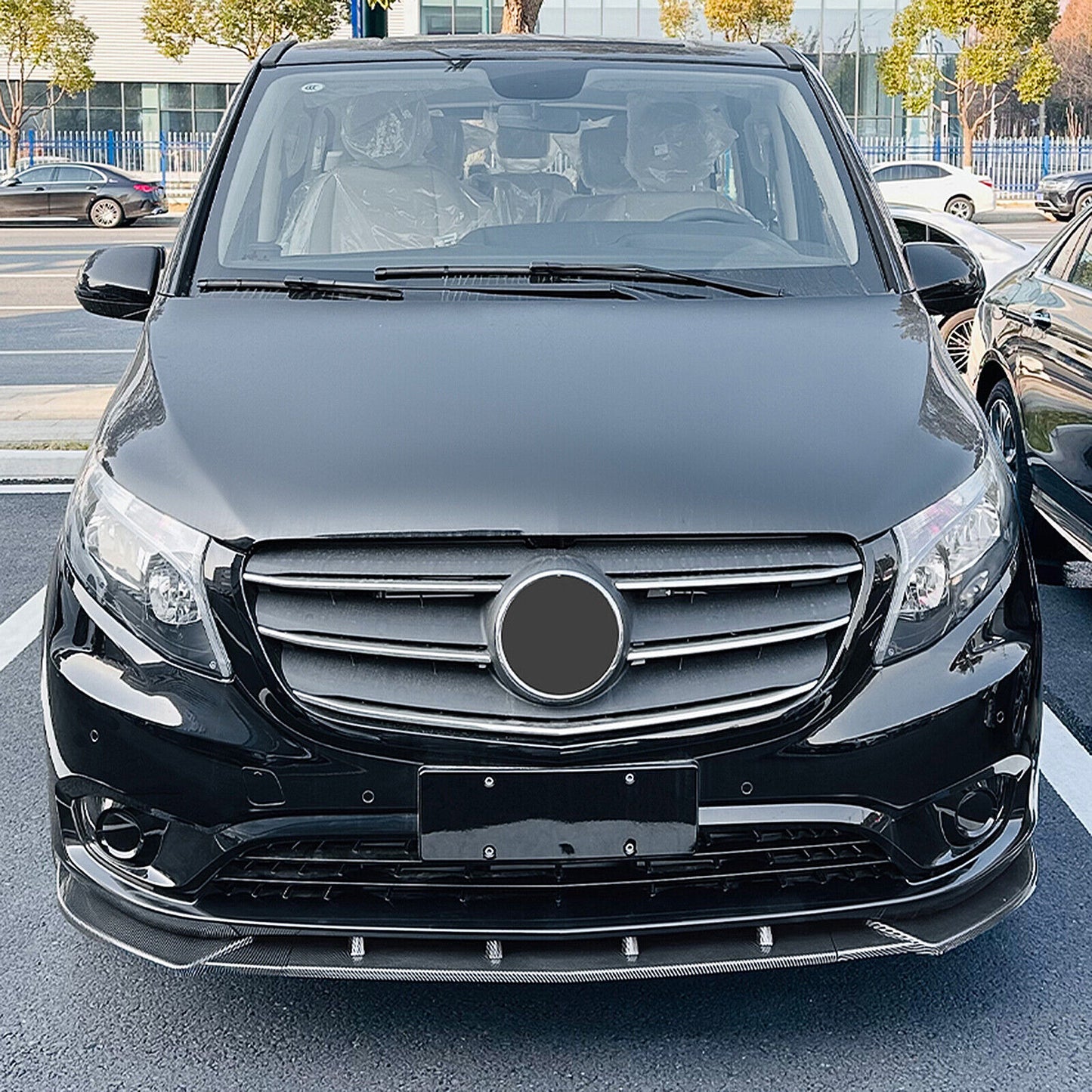 1Set Front Bumper Spoiler Lip For Benz V-Class W447 2016-2024 Carbon Fiber Look