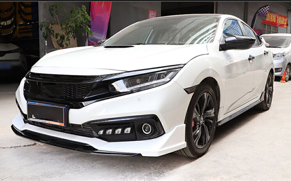 1 Set Black Front Bumper Spoiler Kit White Cover For Honda Civic 2019-2020 Sedan