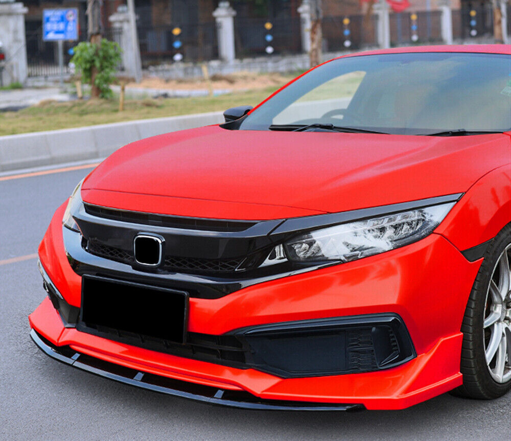 1 Set Black Front Bumper Spoiler Kit Red Cover For Honda Civic 2019-2020 Sedan