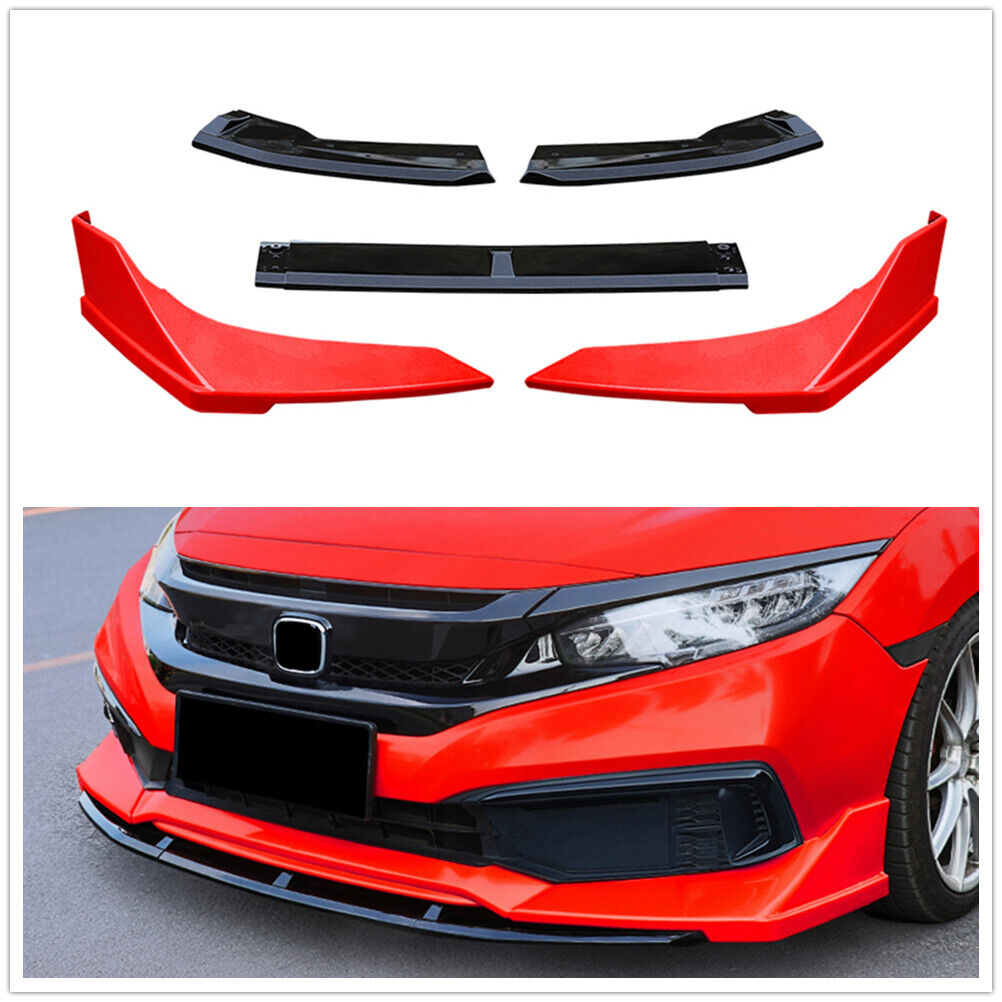 1 Set Black Front Bumper Spoiler Kit Red Cover For Honda Civic 2019-2020 Sedan