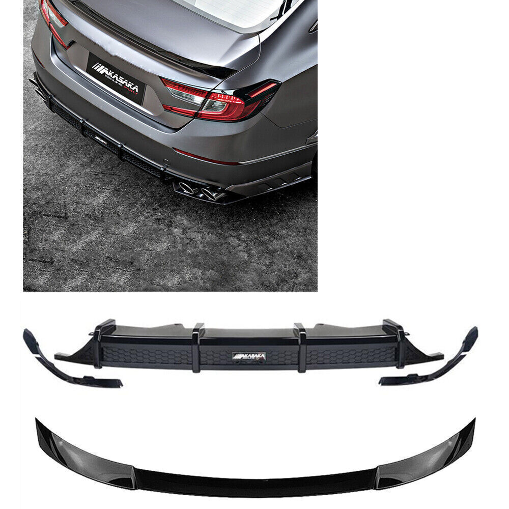 Gloss Black Front Spoiler Lip + Rear Bumper Diffuser fits Honda Accord 2018 2019