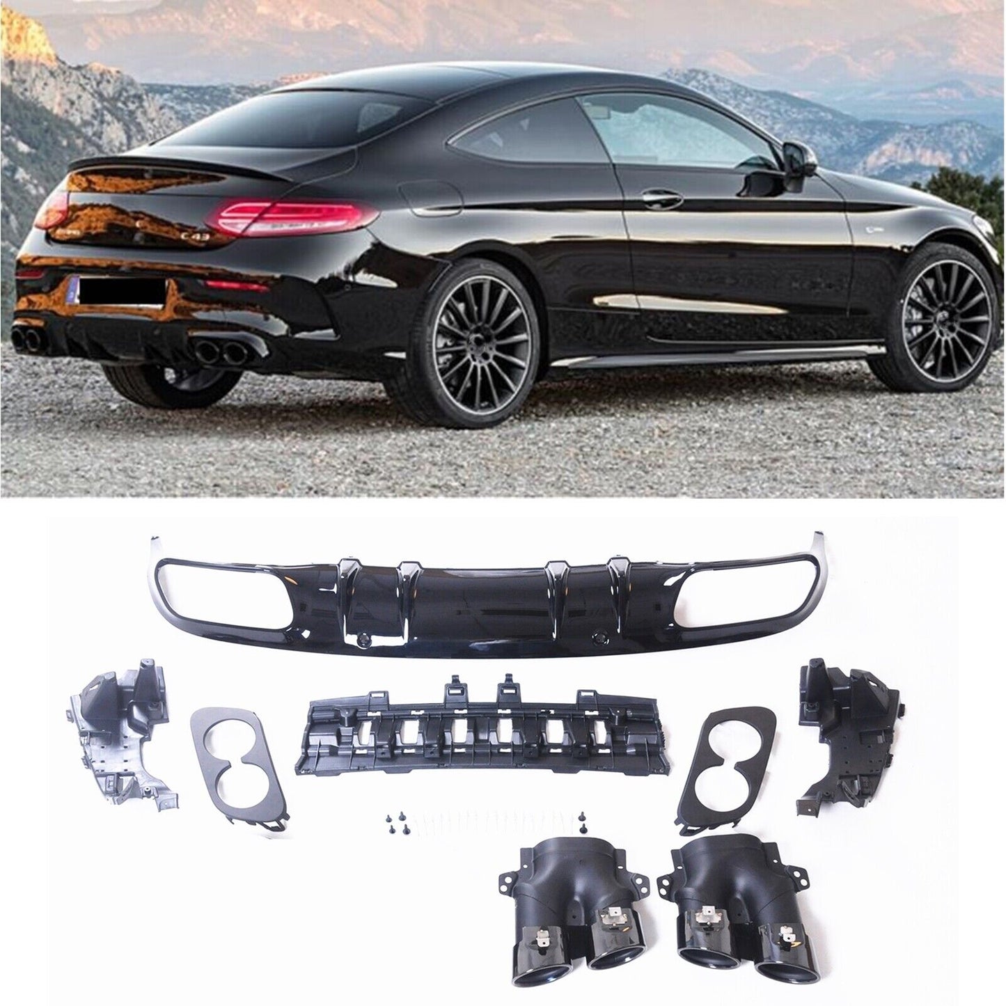 Rear Diffuser Lip + Exhaust Pipe Black fits Mercedes W205 15-21 2 Door C43 Style