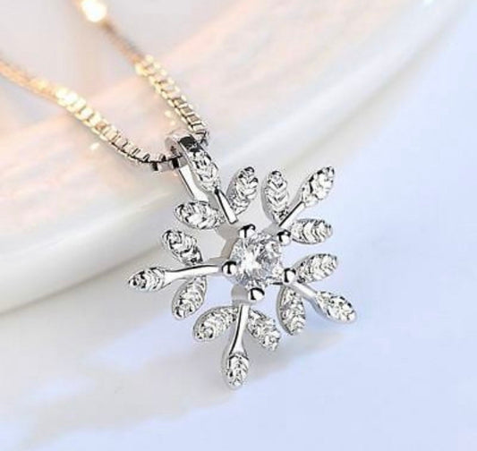 Diamond Snowflake Pendant 925 Sterling Silver Chain Necklace Womens Jewellery Gift