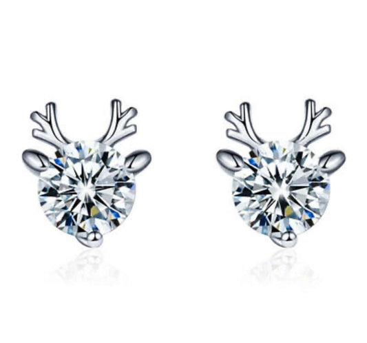 925 Sterling Silver Christmas Reindeer Elk Stud Earrings Womens Girls Jewellery