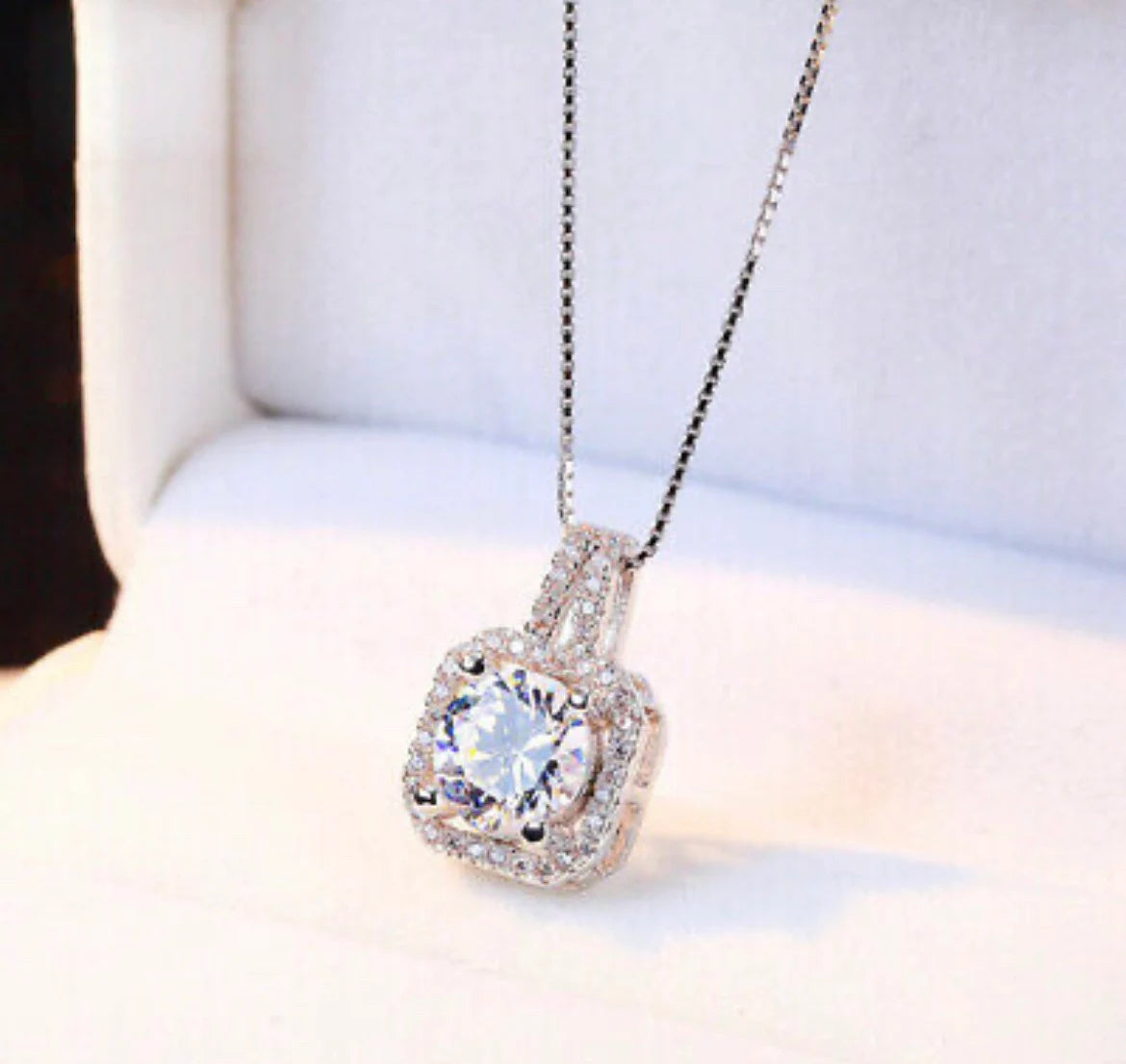 925 Sterling Silver Crystal Square Stone Pendant and Chain Necklace Womens Jewellery