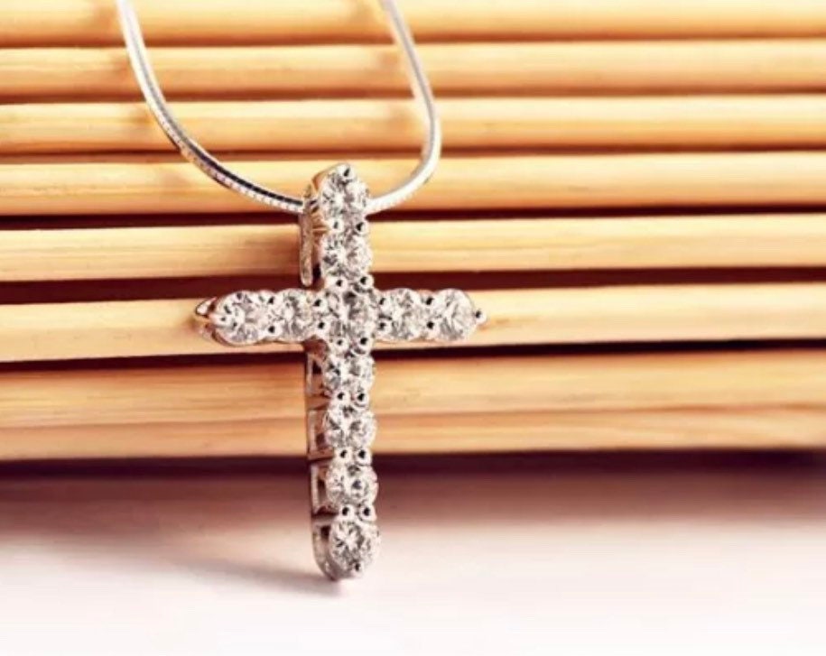 Crystal Cross Pendant Necklace 925 Sterling Silver Chain Womens Jewellery Jesus