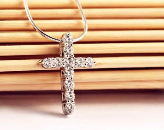 Crystal Cross Pendant Necklace 925 Sterling Silver Chain Womens Jewellery Jesus