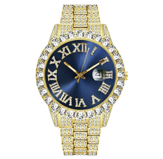 Gold Iced Out Watch Blue Face
