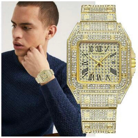 Iced Out Square Watch Roman Quartz Hip Hop Jewelry Gold CZ Stone