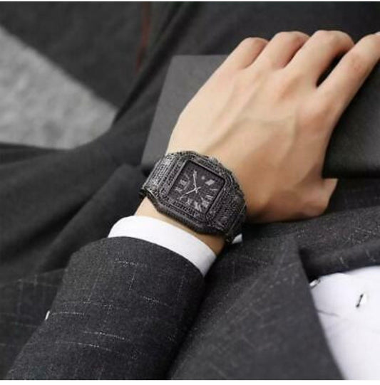 Iced Out Square Watch Roman Quartz Hip Hop Jewelry Black CZ Stone