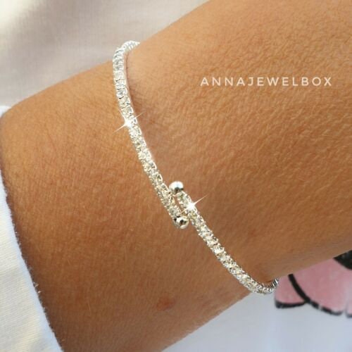 Silver CZ Cubic Zirconia Diamante Tennis Bracelet Flexible Bangle Bridal Gift