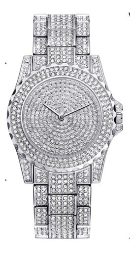 Silver Cubic Zirconia Crystal Women Ladies Men Fashion Bling Steel Watch Uk