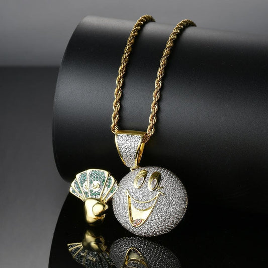 Iced Out Emoji Diamond Pendant Necklace Rapper Bust Down Silver Gold