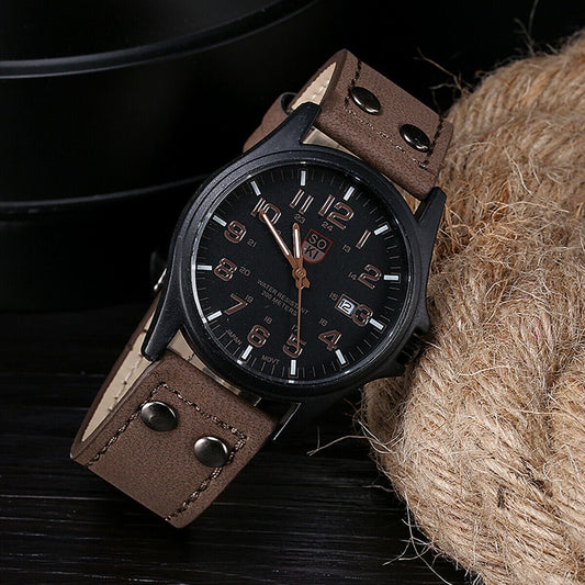 Men’s Military Leather Casual Dress Wrist Watches Date Quartz Analog Army UK