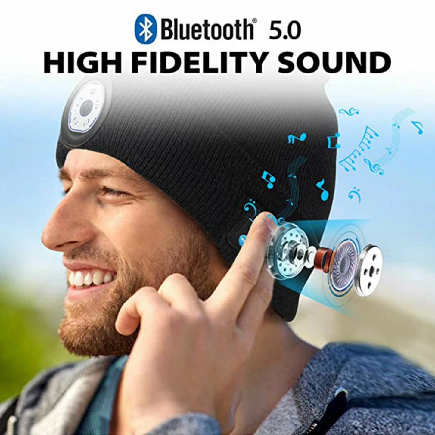 Grey Rechargeable Wireless Bluetooth LED Hat with Music Speakers Light Beanie Warm