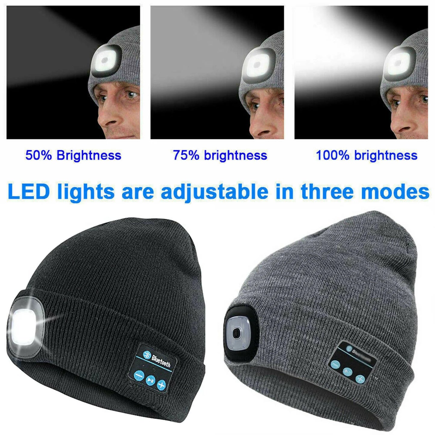 Grey Rechargeable Wireless Bluetooth LED Hat with Music Speakers Light Beanie Warm