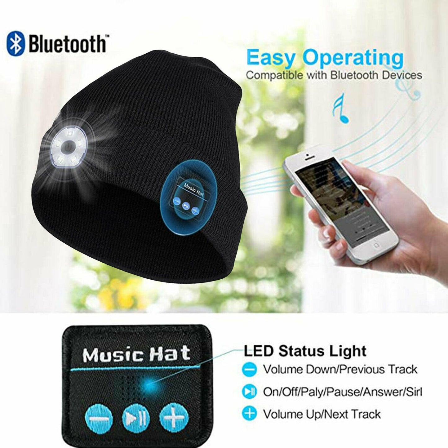 Grey Rechargeable Wireless Bluetooth LED Hat with Music Speakers Light Beanie Warm