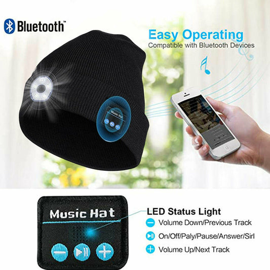 Grey Rechargeable Wireless Bluetooth LED Hat with Music Speakers Light Beanie Warm