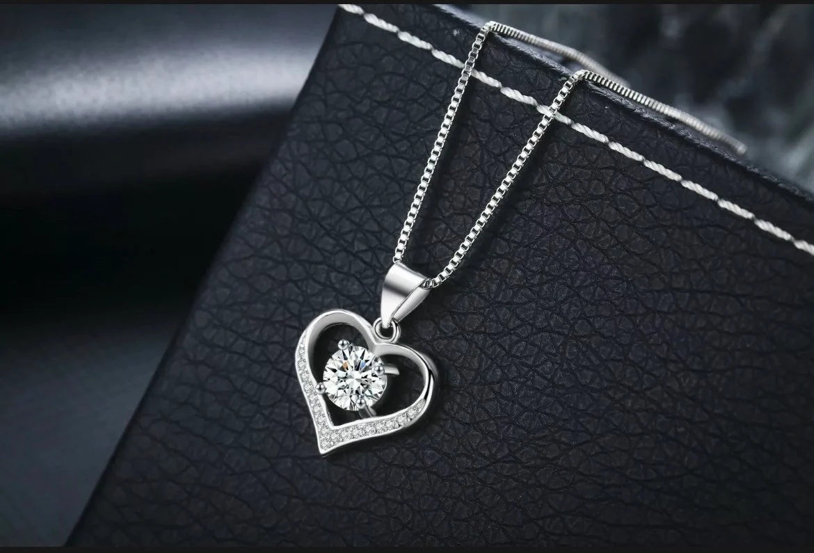 Heart Crystal Pendant 925 Sterling Silver Chain Necklace Womens Ladies Jewellery