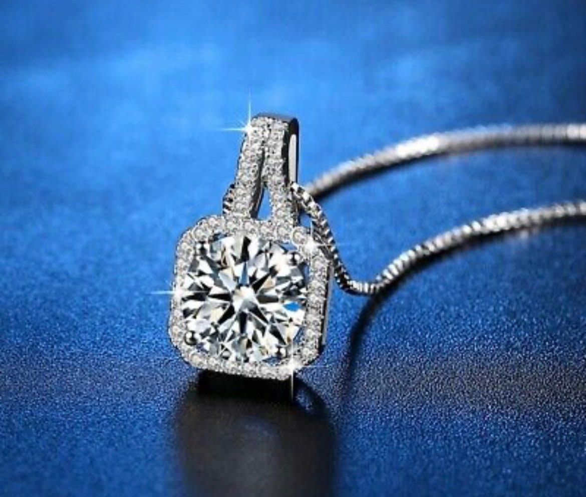 925 Sterling Silver Crystal Square Stone Pendant and Chain Necklace Womens Jewellery