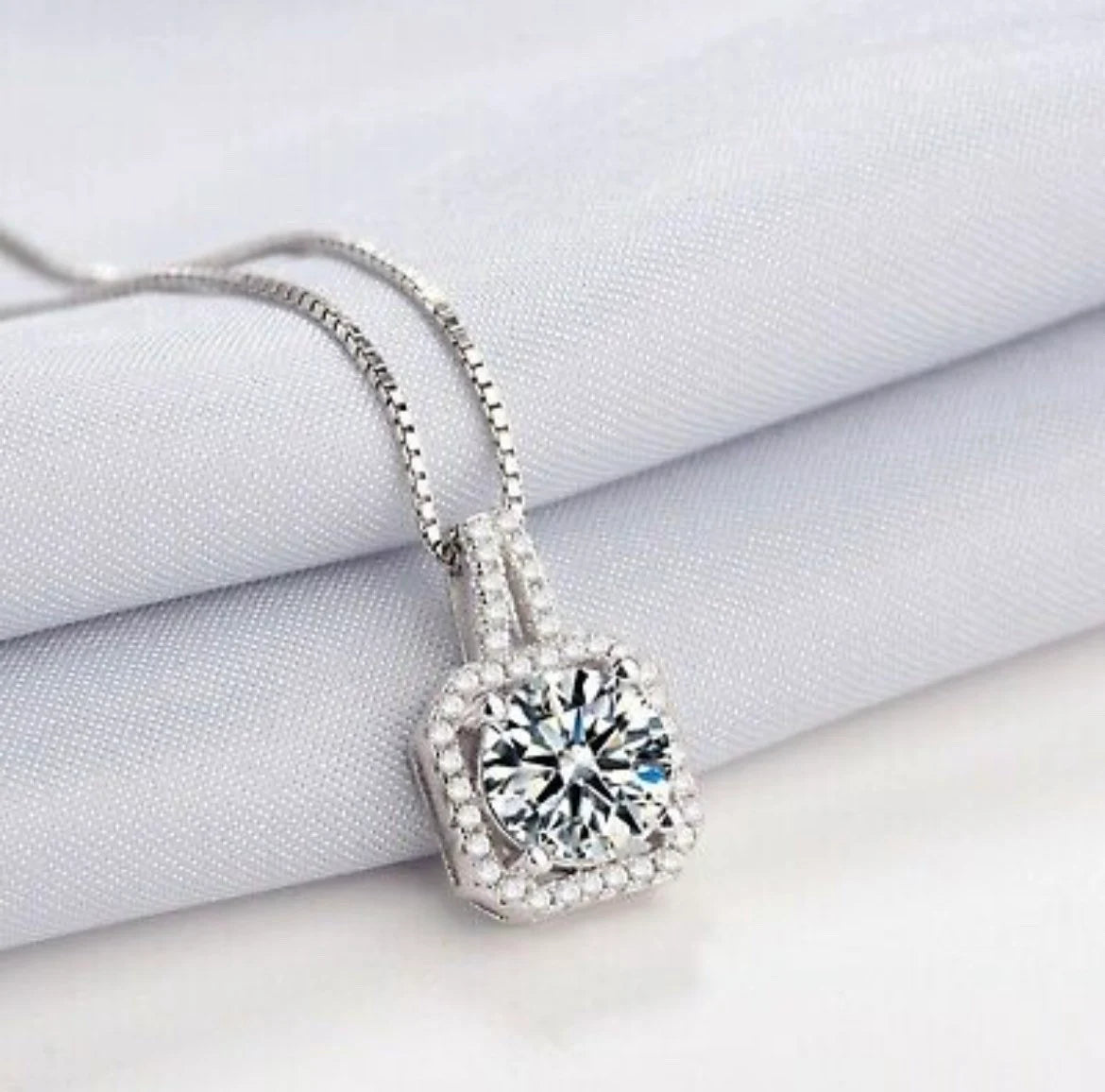 925 Sterling Silver Crystal Square Stone Pendant and Chain Necklace Womens Jewellery