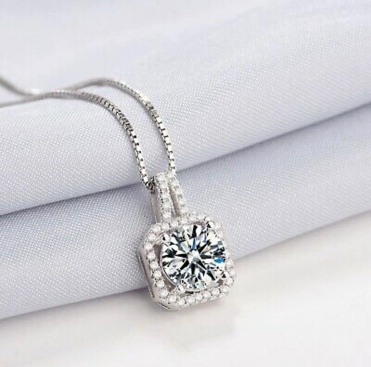 925 Sterling Silver Crystal Square Stone Pendant and Chain Necklace Womens Jewellery