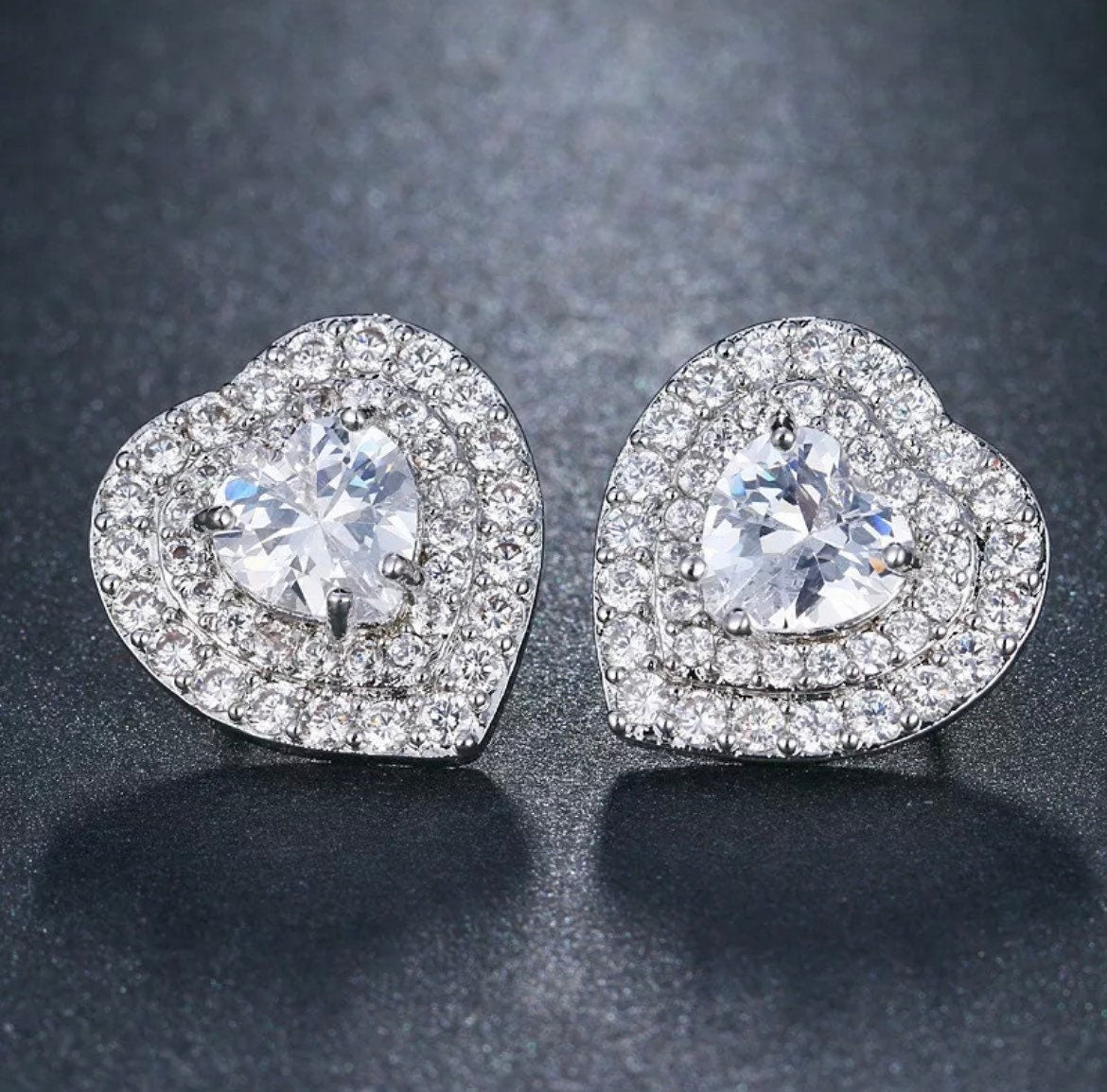 Heart Layer Stone Stud Earrings Womens Girls 925 Sterling Silver Jewellery Gift