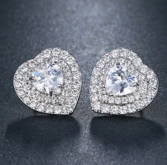 Heart Layer Stone Stud Earrings Womens Girls 925 Sterling Silver Jewellery Gift