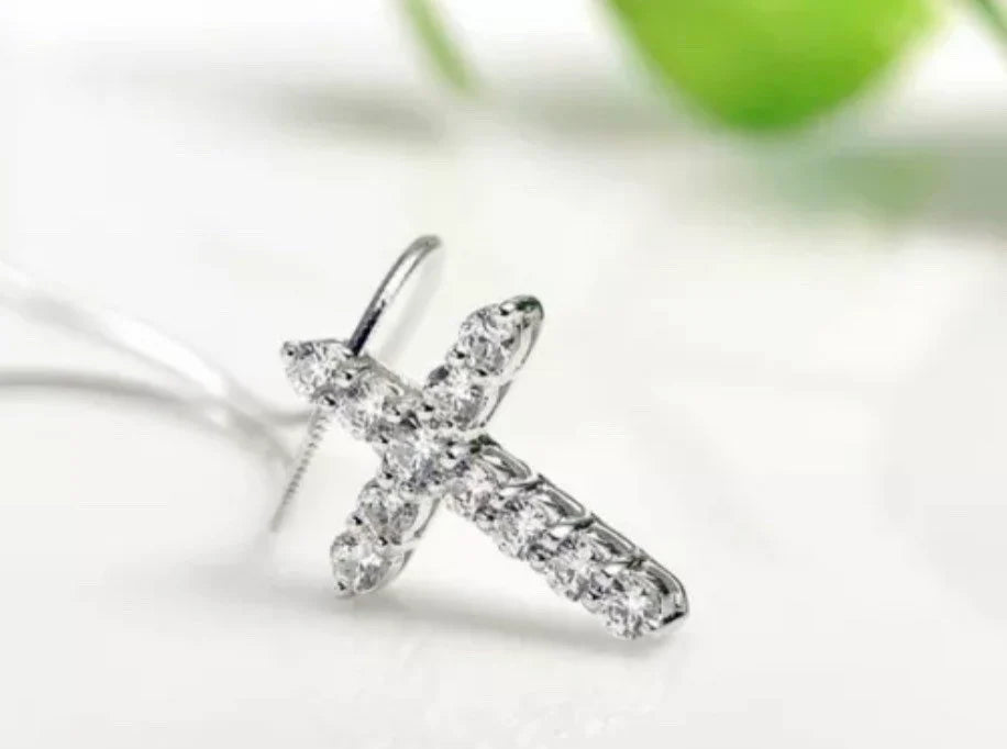 Crystal Cross Pendant Necklace 925 Sterling Silver Chain Womens Jewellery Jesus