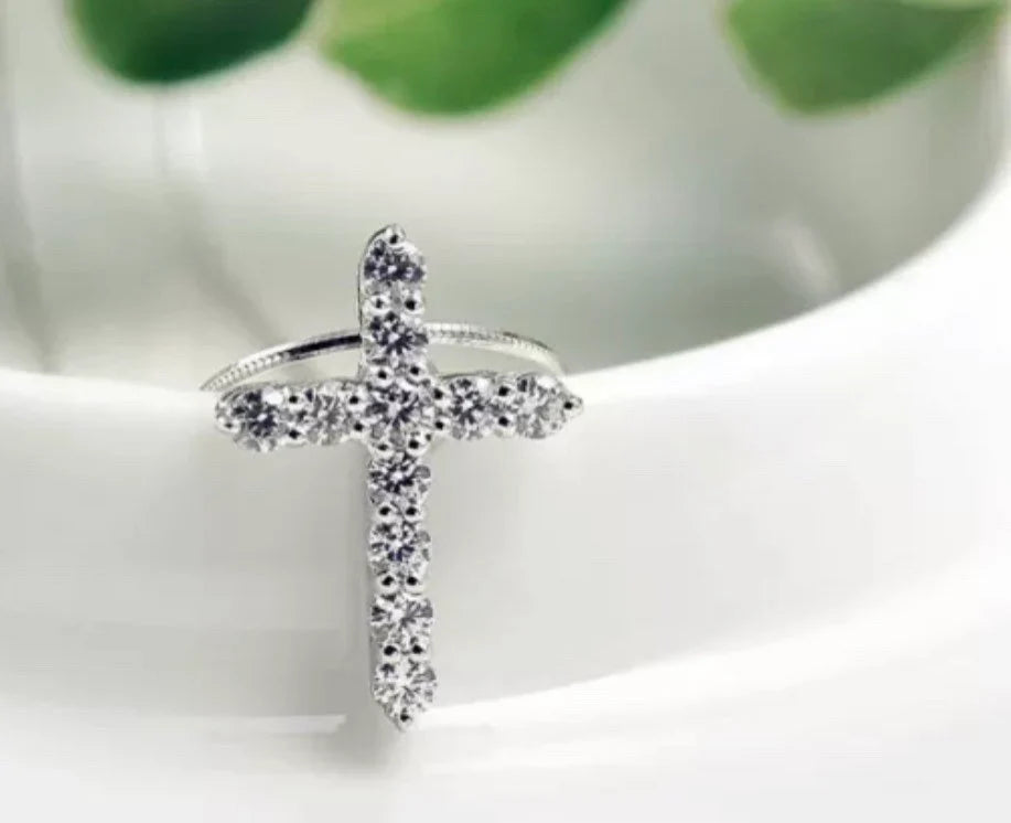 Crystal Cross Pendant Necklace 925 Sterling Silver Chain Womens Jewellery Jesus