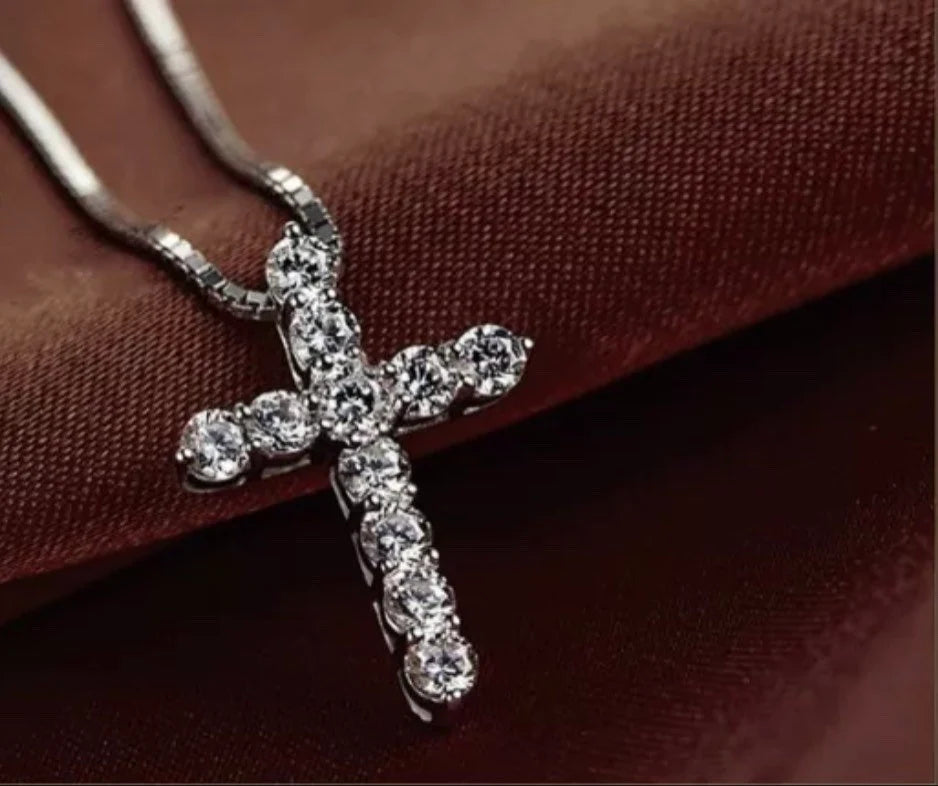 Crystal Cross Pendant Necklace 925 Sterling Silver Chain Womens Jewellery Jesus