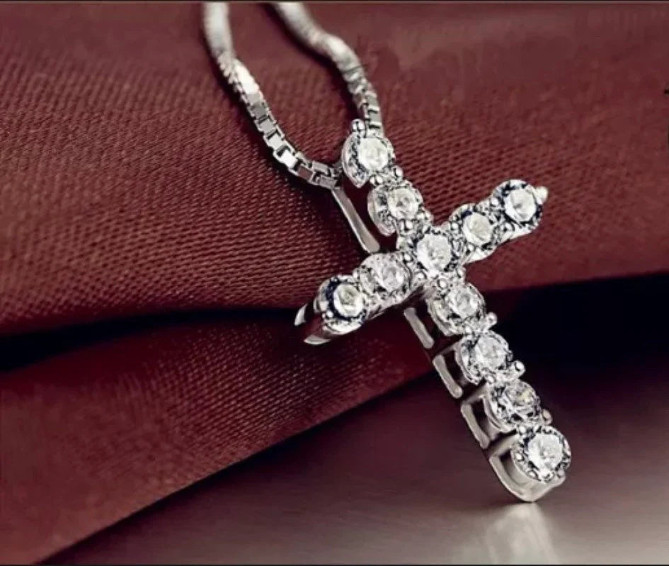 Crystal Cross Pendant Necklace 925 Sterling Silver Chain Womens Jewellery Jesus