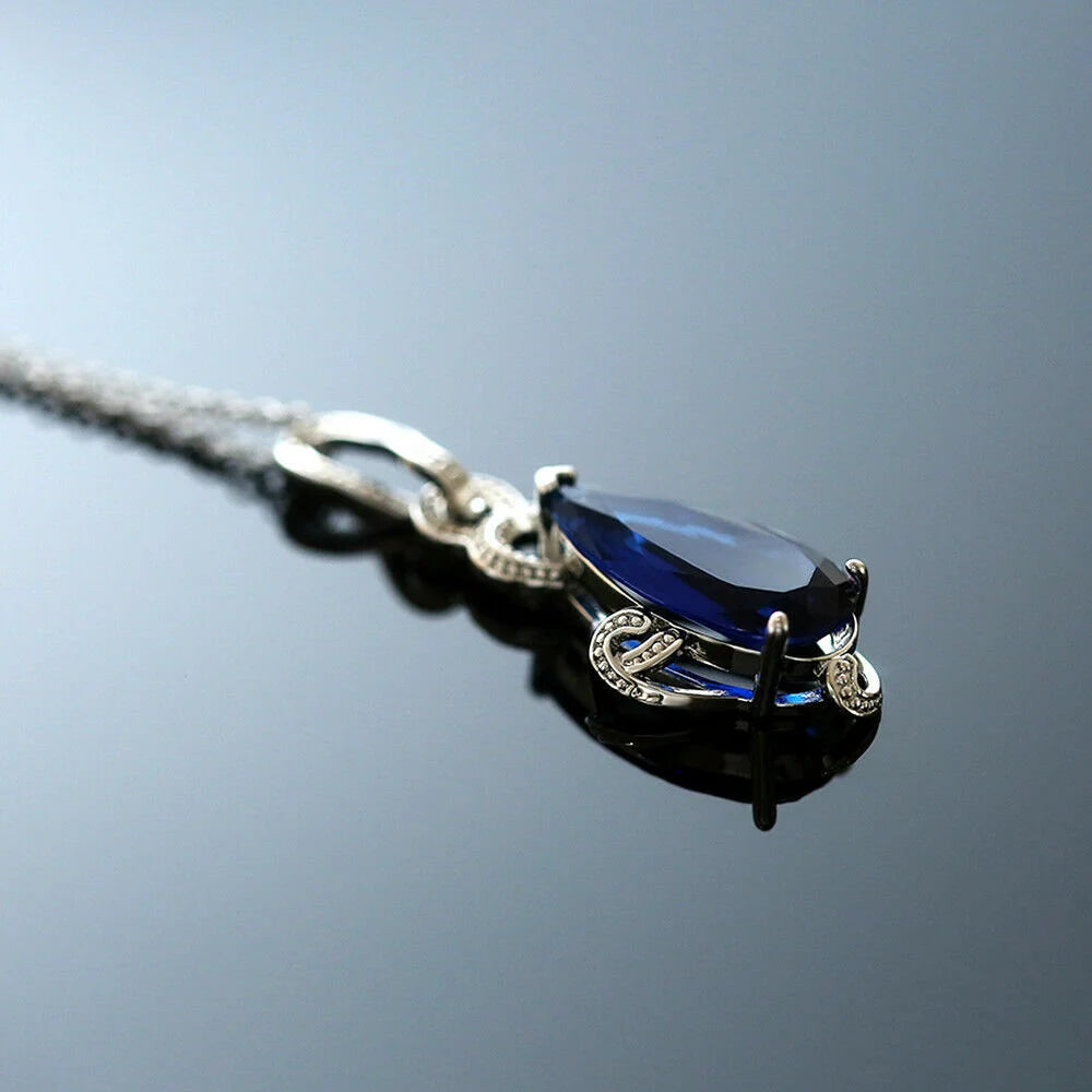 Pear Cut Blue Sapphire Women Wedding Jewelry Fashion 925 Silver Necklace Pendant