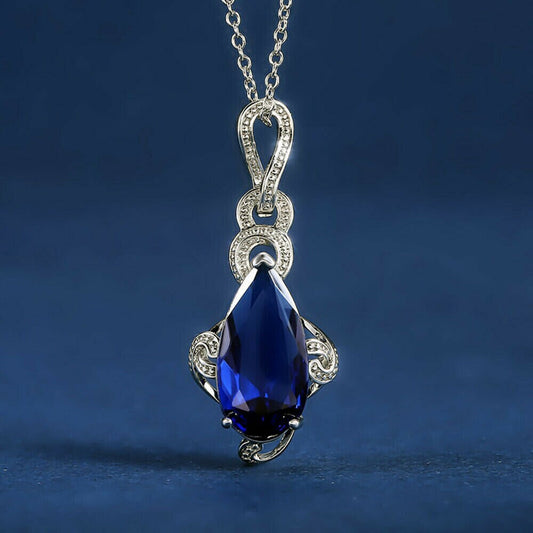 Pear Cut Blue Sapphire Women Wedding Jewelry Fashion 925 Silver Necklace Pendant