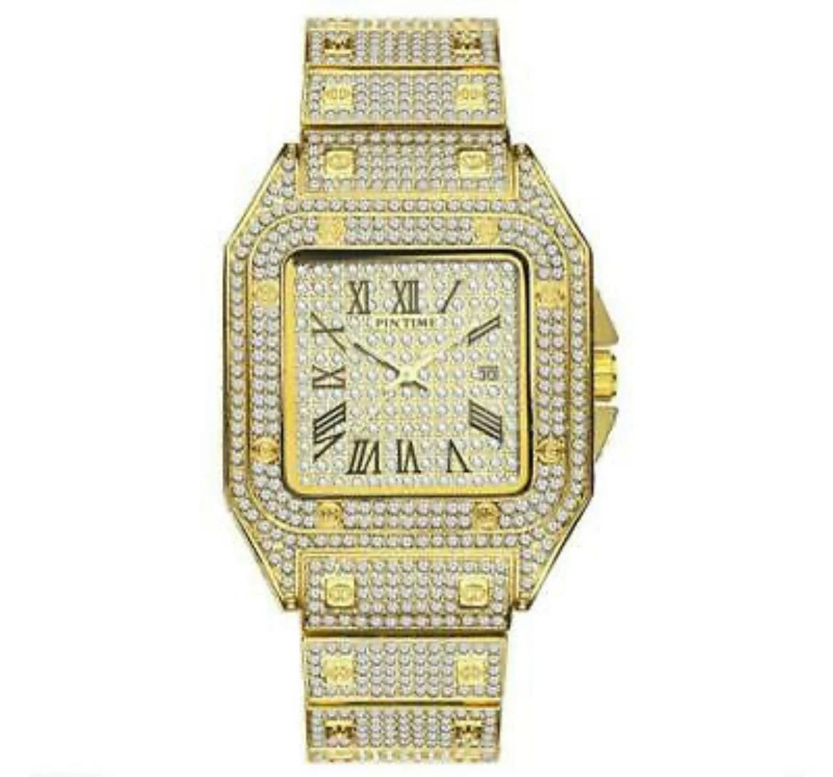 Iced Out Square Watch Roman Quartz Hip Hop Jewelry Gold CZ Stone