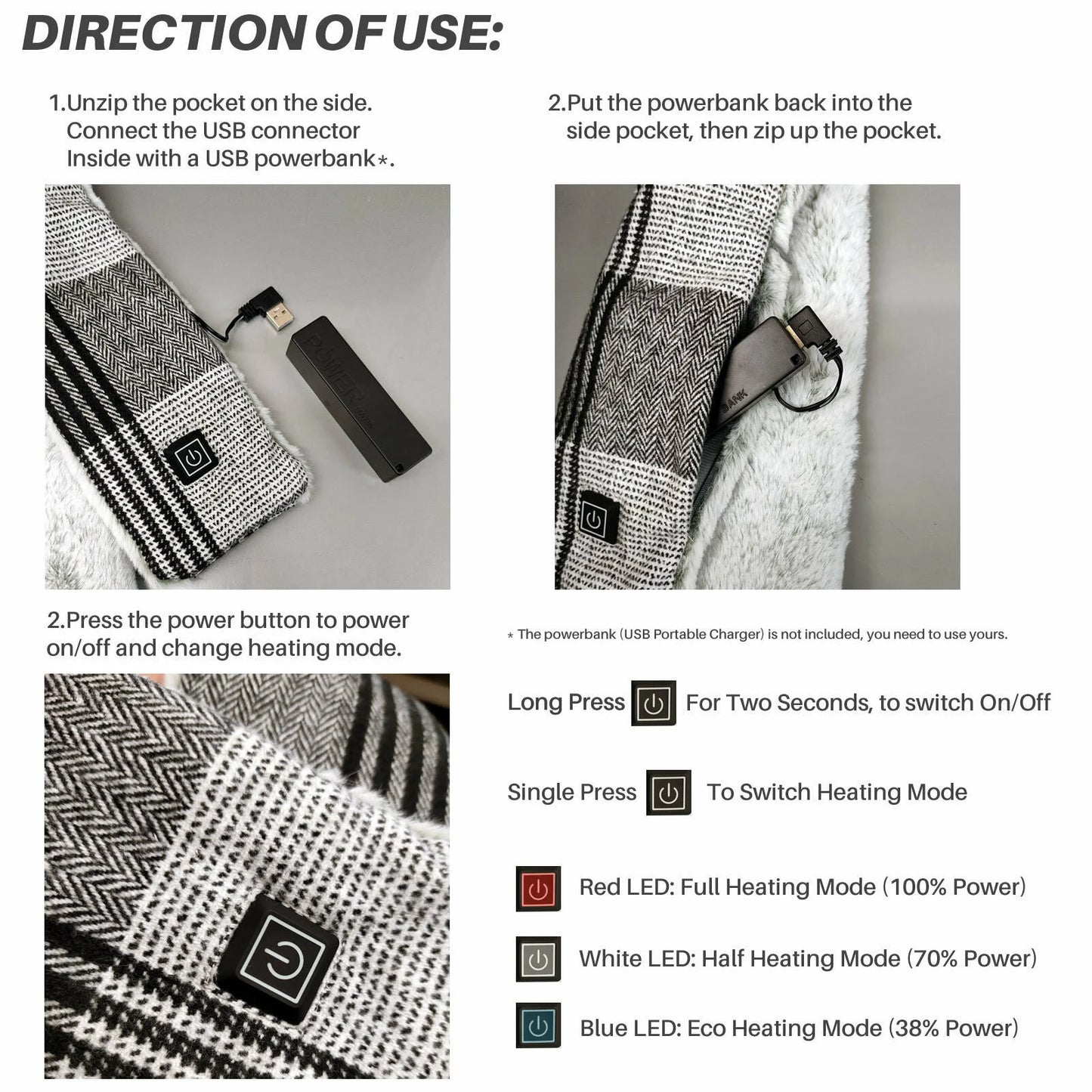 Mens Smart Electric Heated Scarf Winter Neck Warmer Shawl USB Man Woman Designer UK