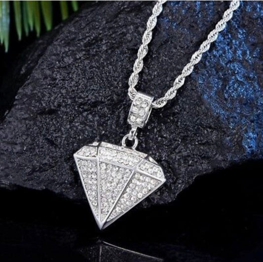 Silver Iced Out Diamond Pendant Necklace Hip Hop Rapper Bling 30” Cuban Chain