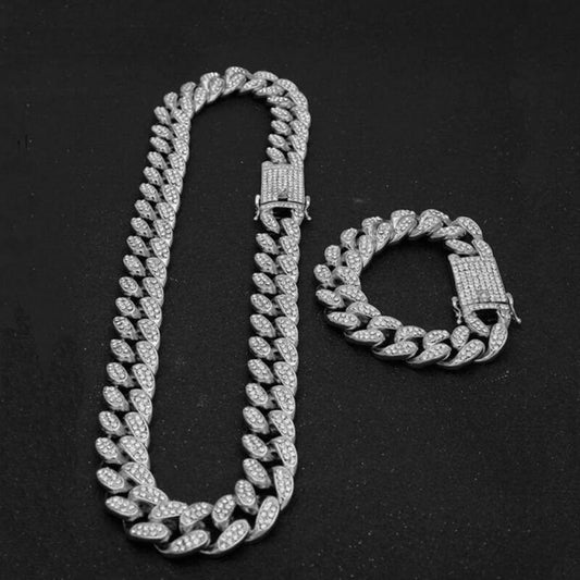 Iced Out Silver Diamond Shiny Chain & Bracelet Choker