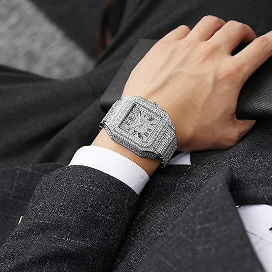 Iced Out Square Watch Roman Quartz Hip Hop Jewelry Silver CZ Stone
