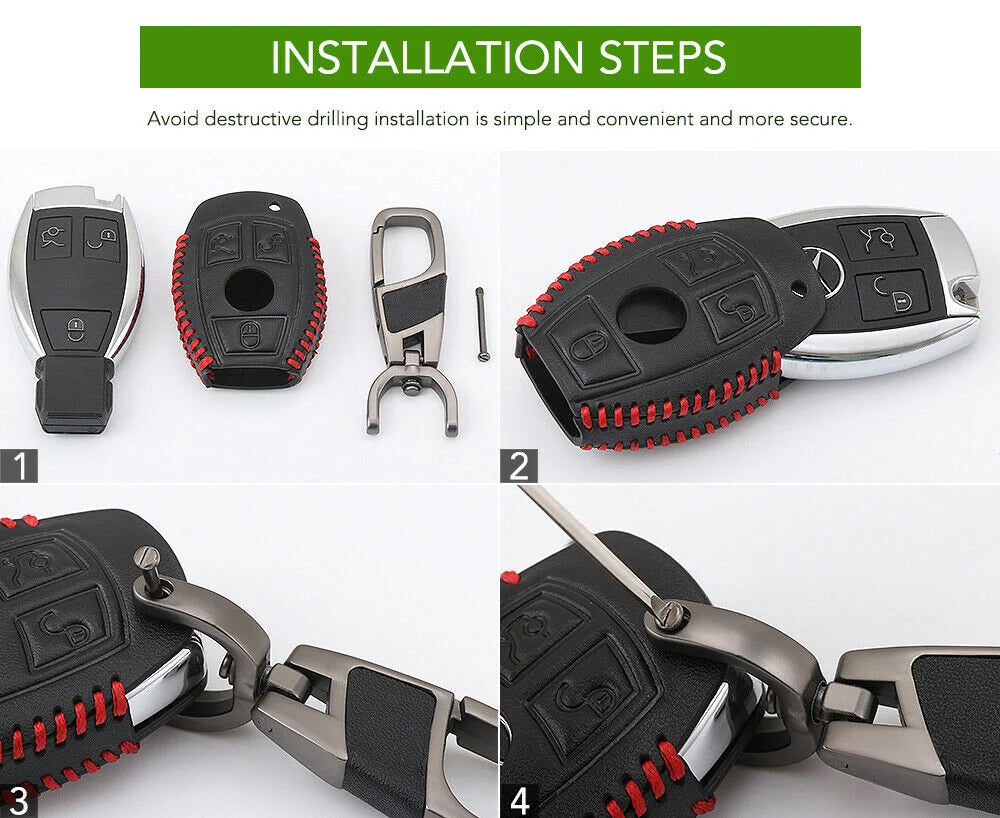 Car Black Leather Remote Key Fob Cover Case For Mercedes Benz AMG W203 W210 W211